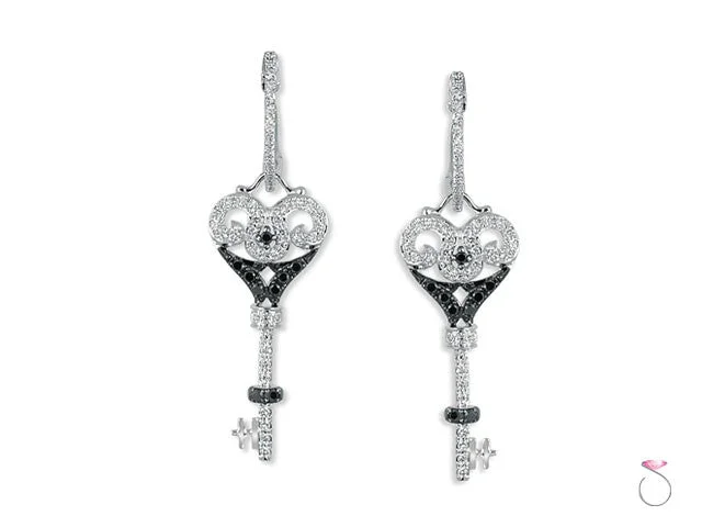 Black White Diamond Dangle Key Earrings .56ct in 18K Gold