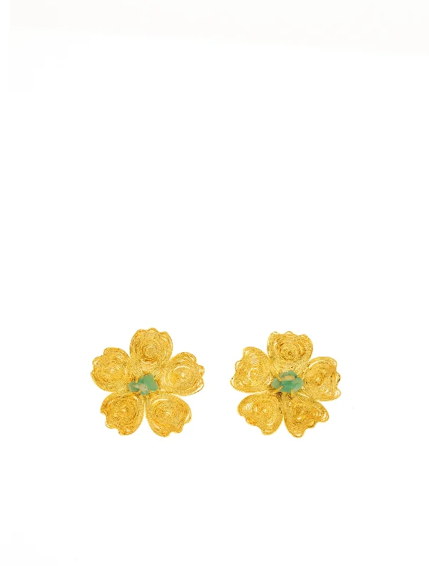 Gold Filigree Flower Emerald Earrings