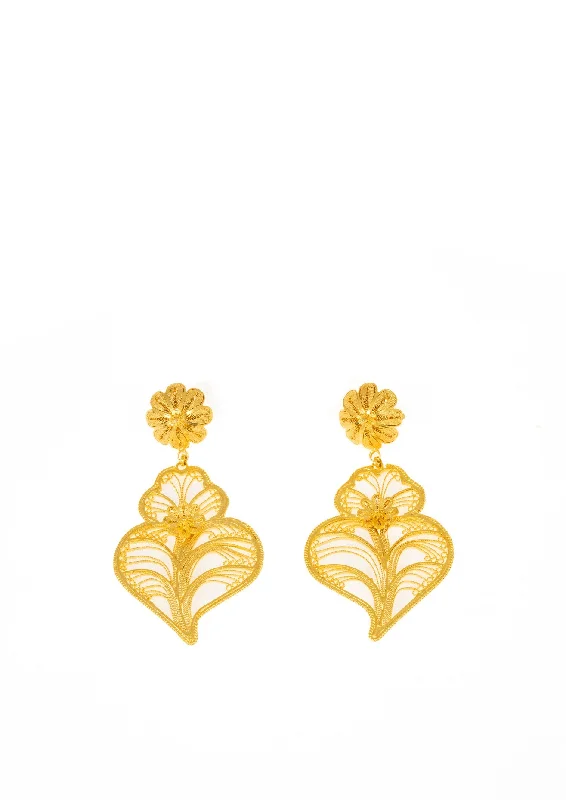 Gold Flower Heart Filigree Earrings