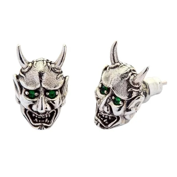 Green Eyes Japanese Oni Mask Sterling Silver Skull Earrings