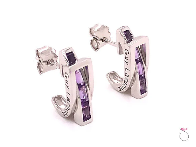 Guy Laroche Amethyst Designer 18K Huggie Earrings