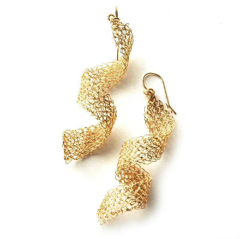 Infinity gold wire crochet earrings , long elegant knitted wire