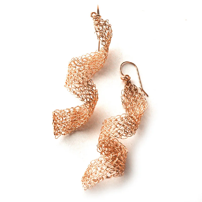 Infinity rose gold wire crochet earrings , long elegant knitted earrings