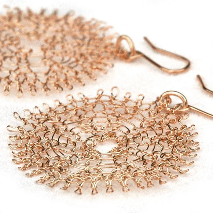 Large Rose Gold Flower Earrings , Wire Crochet Handmade Dangle Earrings