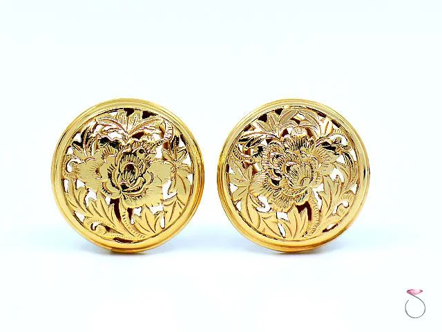 MING'S Hawaii Four Seasons Disc Earrings 14K Yellow Gold, Post & Clip back 20 MM