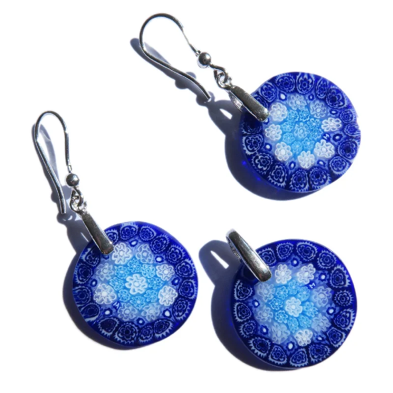 Multicolor Aquamarine Murrine Murano Glass Round Pendant and earrings set Millefiori 20