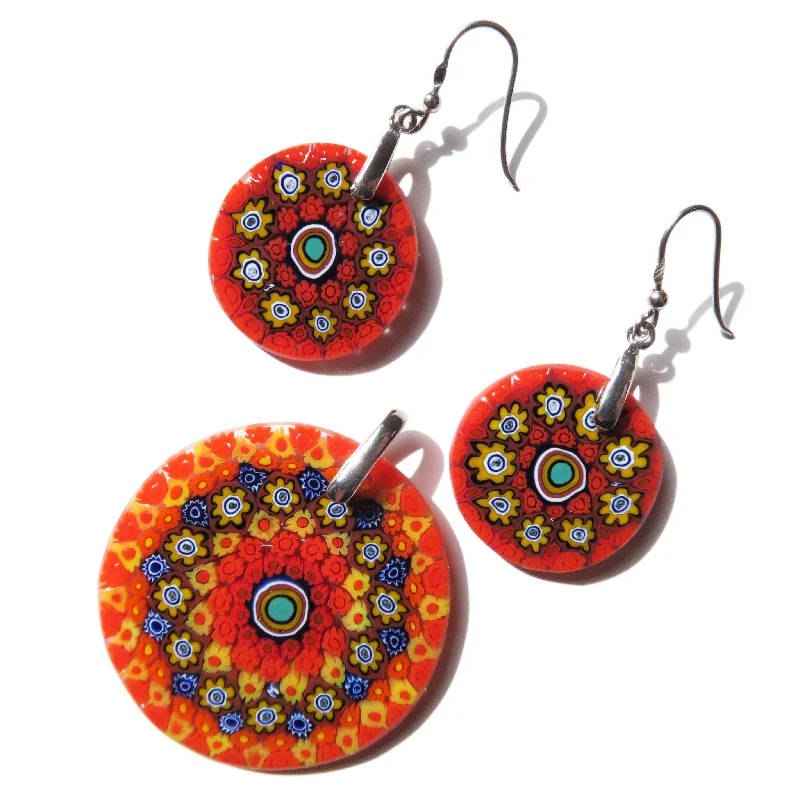 Multicolor Orange Murano glass Round Pendant and earrings set Millefiori 27