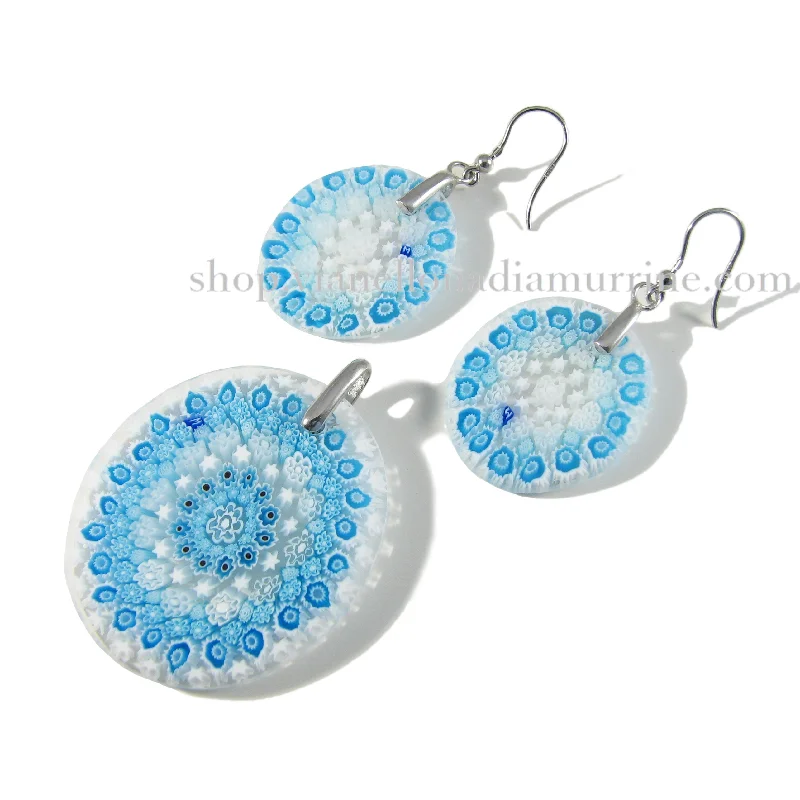 Murano glass Aquamarine Pendant and earrings set Millefiori 27