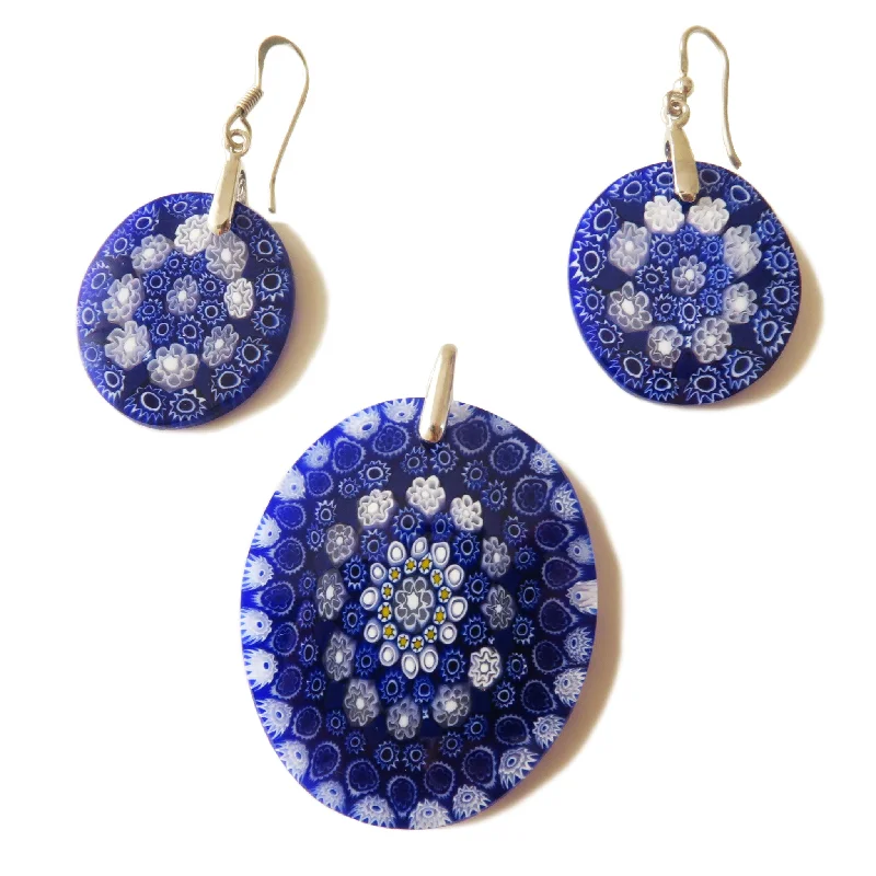 Murano glass Blue Pendant and earrings set Millefiori 27