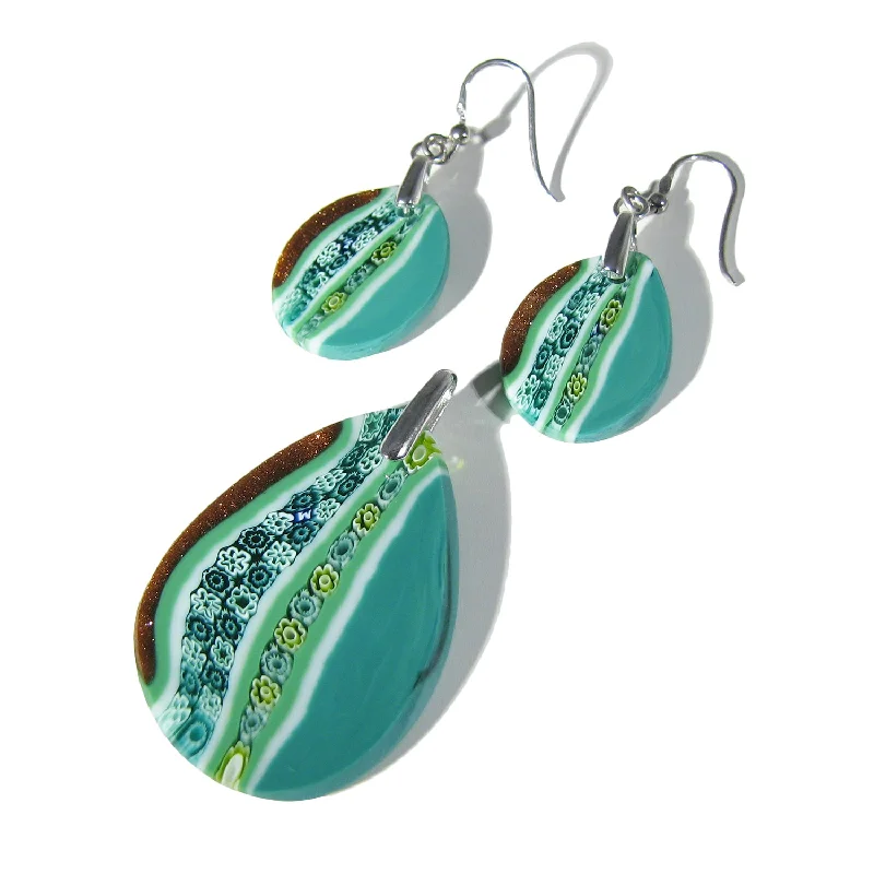 Murano glass Full Green drop-shaped Pendant & earrings set Inglesina