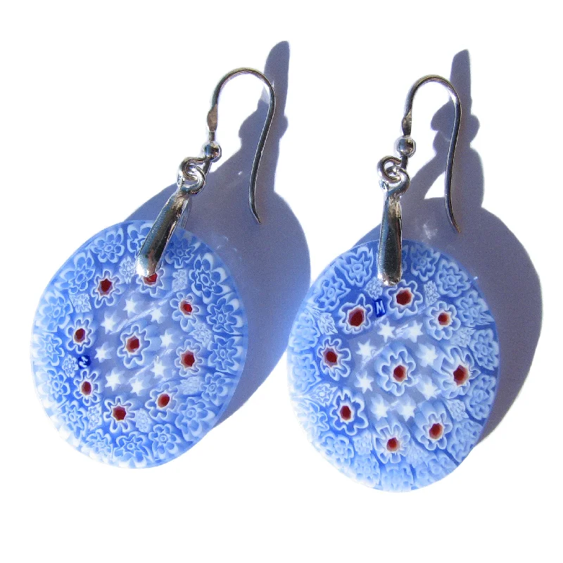 Murano glass Light Blue oval earrings "Millefiori"