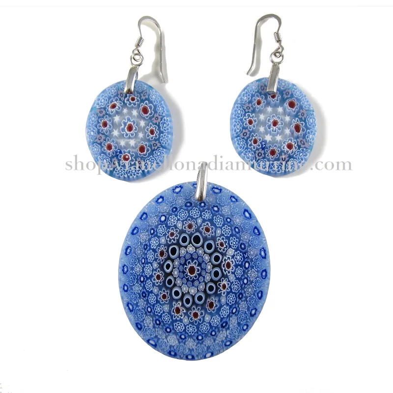 Murano glass Light Blue Pendant and earrings set Millefiori 27