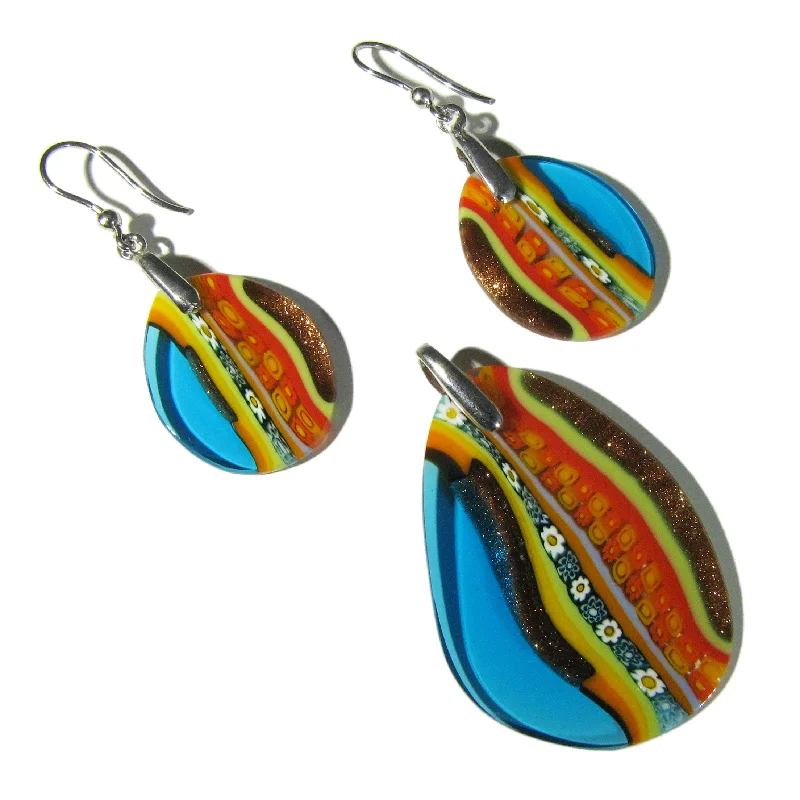 Murano glass Multicolor Aquamarine drop-shaped Pendant & earrings set Inglesina