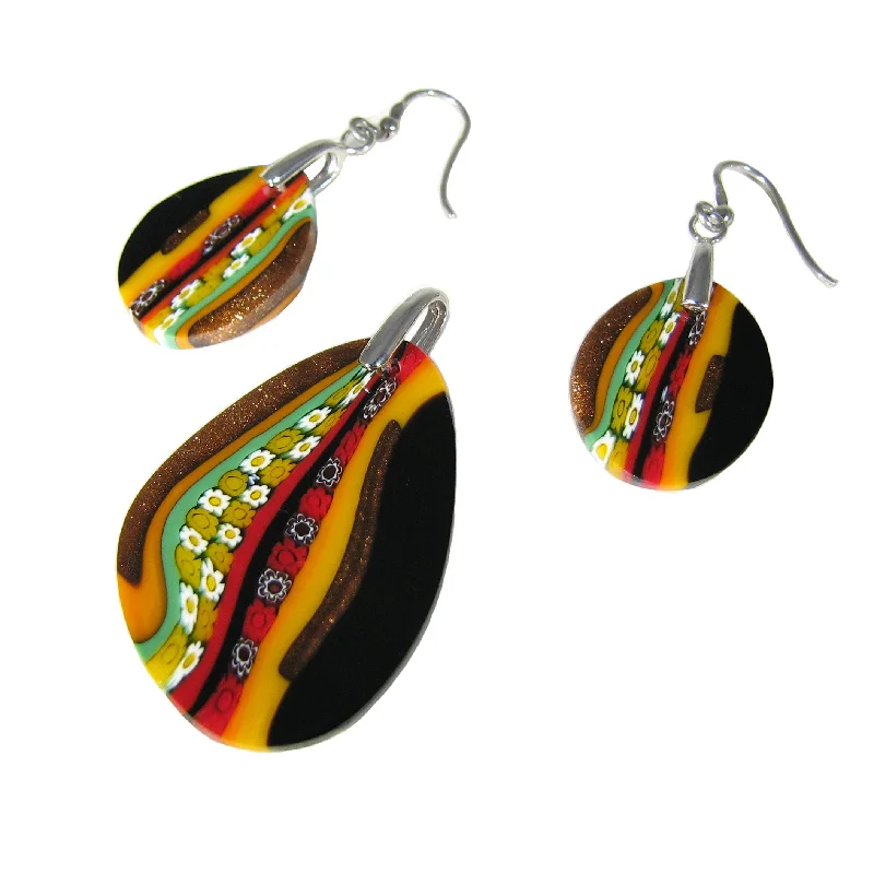 Murano glass Multicolor Black drop-shaped Pendant & earrings set Inglesina