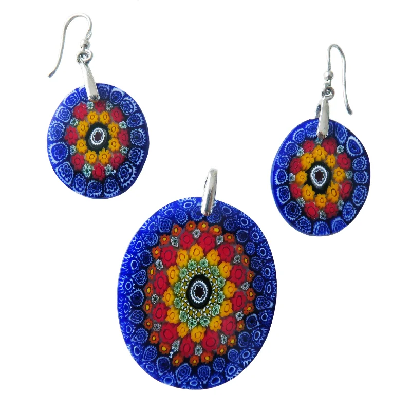 Murano glass Multicolor Blue Pendant and earrings set Millefiori 27