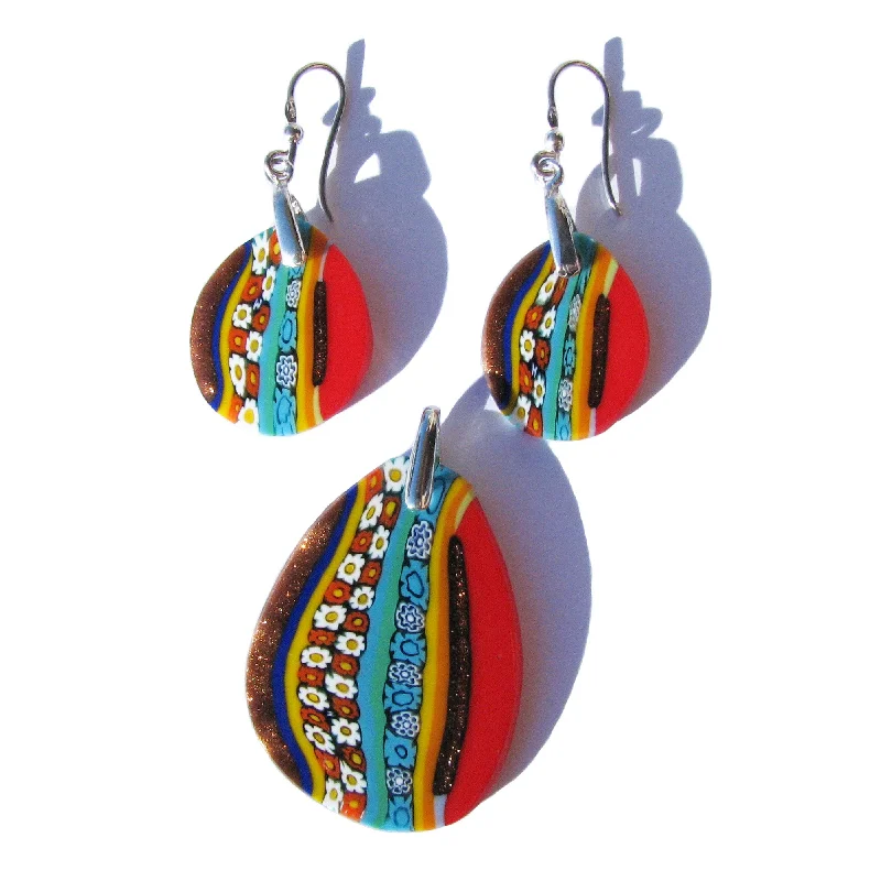 Murano glass Multicolor Orange drop-shaped Pendant & earrings set Inglesina