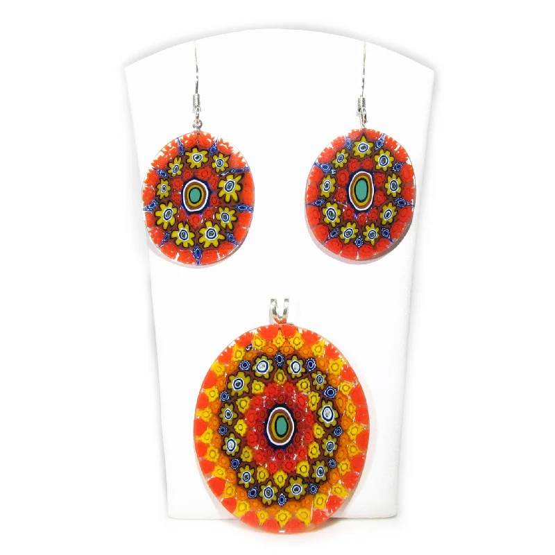 Murano glass Multicolor Orange Pendant and earrings set Millefiori 27