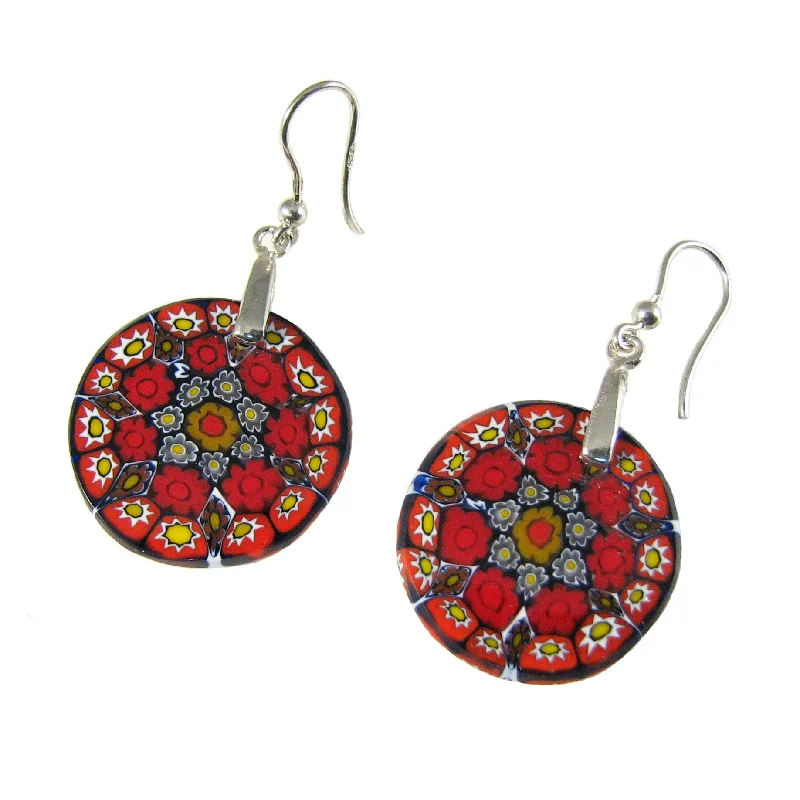 Murano glass Multicolor Red round earrings "Millefiori"