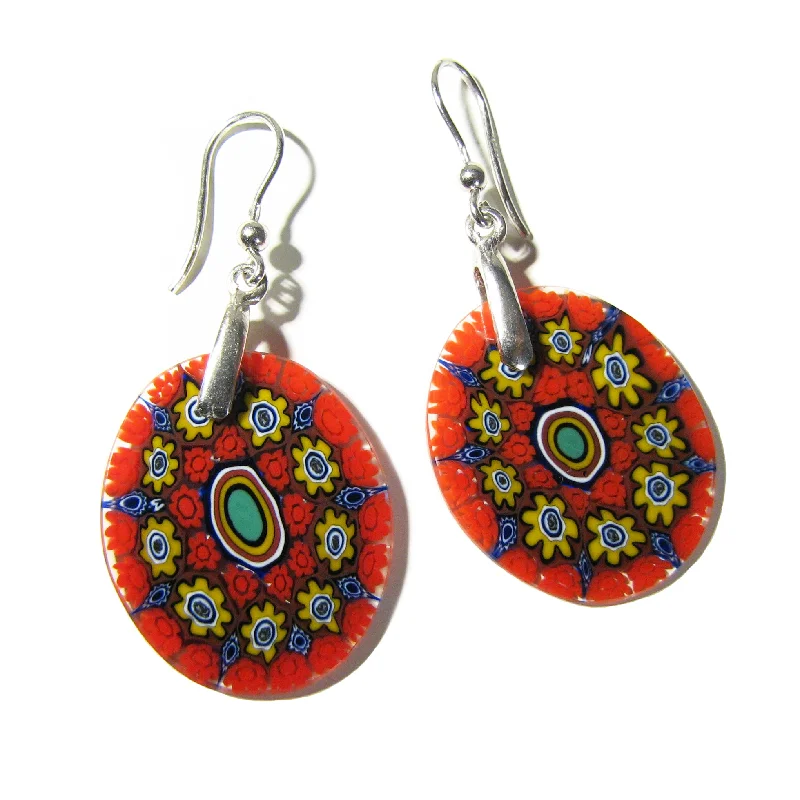 Murano glass oval Multicolor Orange earrings "Millefiori"