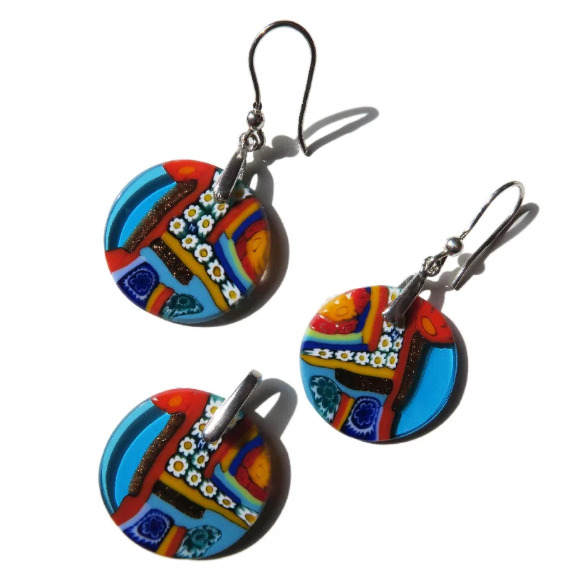 Murano Glass Pendant and earrings set Round Small Quadrone Multicolor Aquamarine Murrine