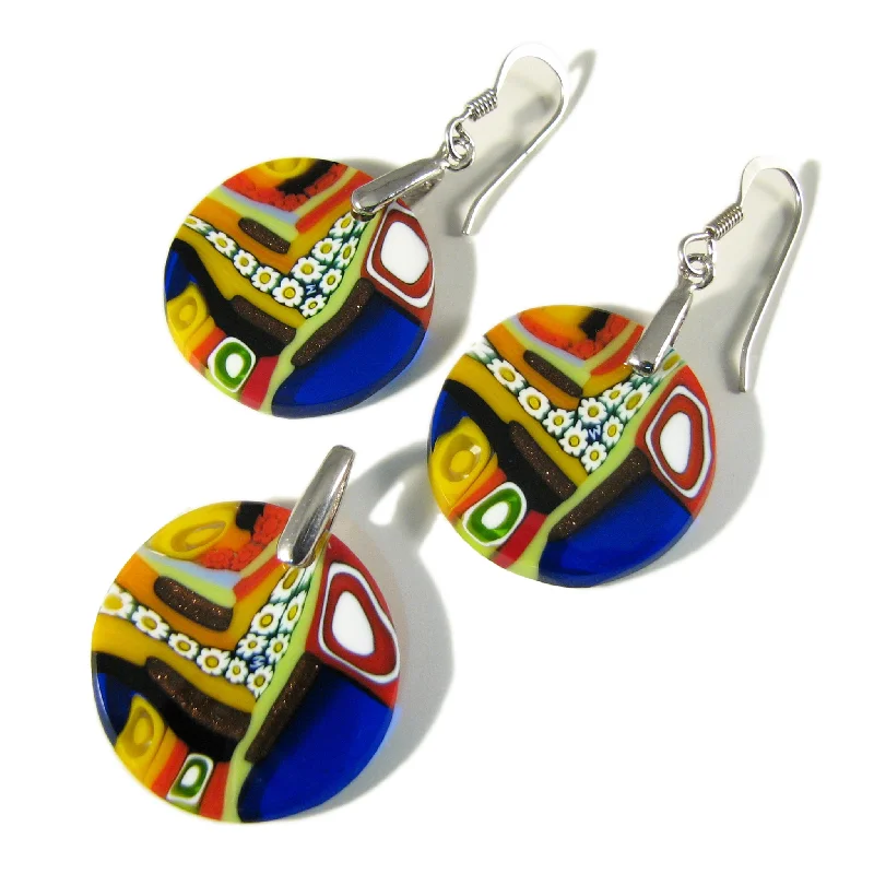 Murano Glass Pendant and earrings set Round Small Quadrone Multicolor Blue Murrine