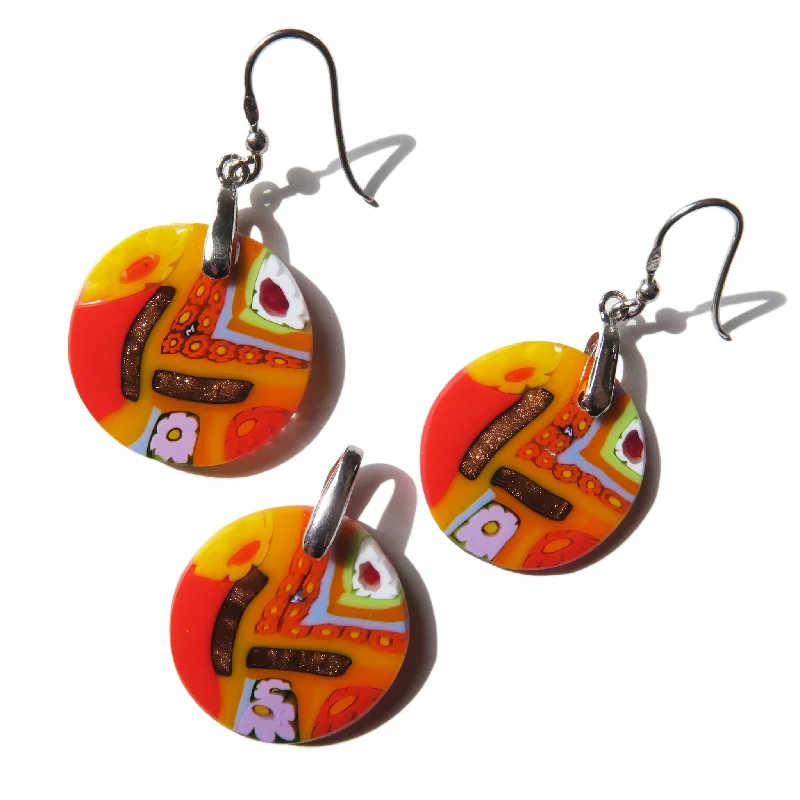 Murano Glass Pendant and earrings set Round Small Quadrone Multicolor Orange Murrine