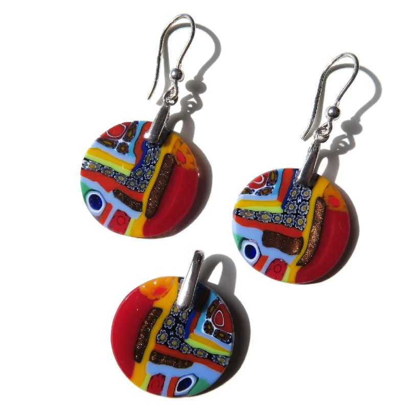 Murano Glass Pendant and earrings set Round Small Quadrone Multicolor Red Murrine