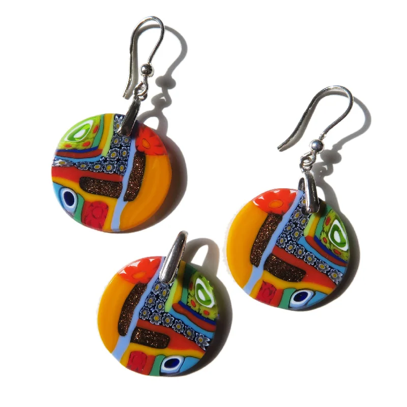 Murano Glass Pendant and earrings set Round Small Quadrone Multicolor Yellow Murrine