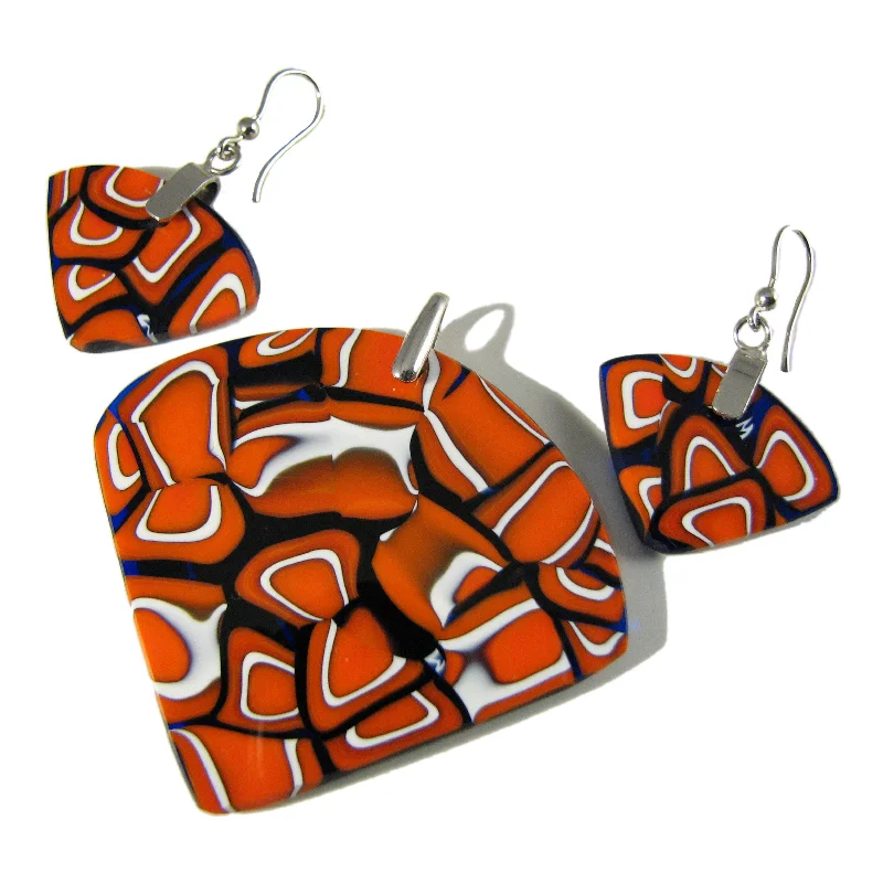 Murano glass Pendant & earrings set "Fantasy" Multicolor Orange Murrine