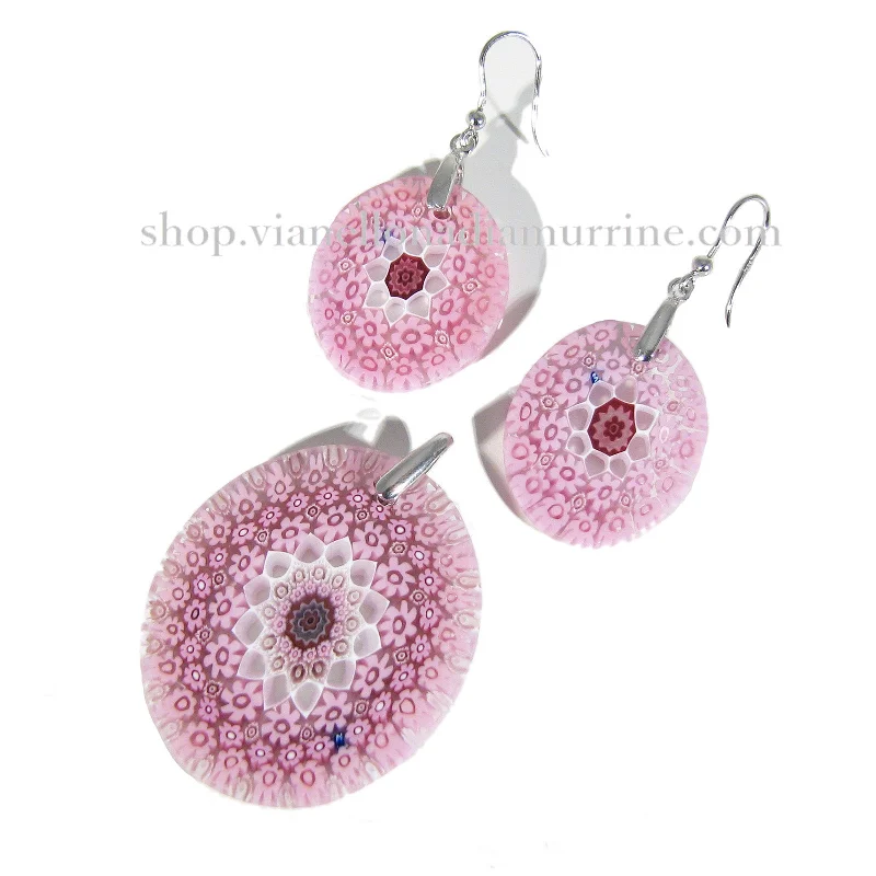 Murano glass Pink Pendant and earrings set Millefiori 27