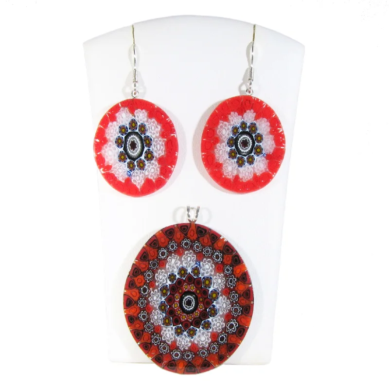 Murano glass Red Pendant and earrings set Millefiori 27