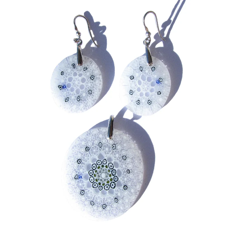 Murano glass White Pendant and earrings set Millefiori 27