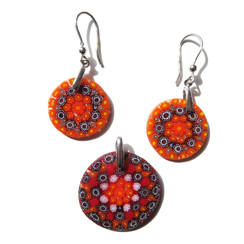 Murrine Murano Glass Round Pendant and earrings set Millefiori 25