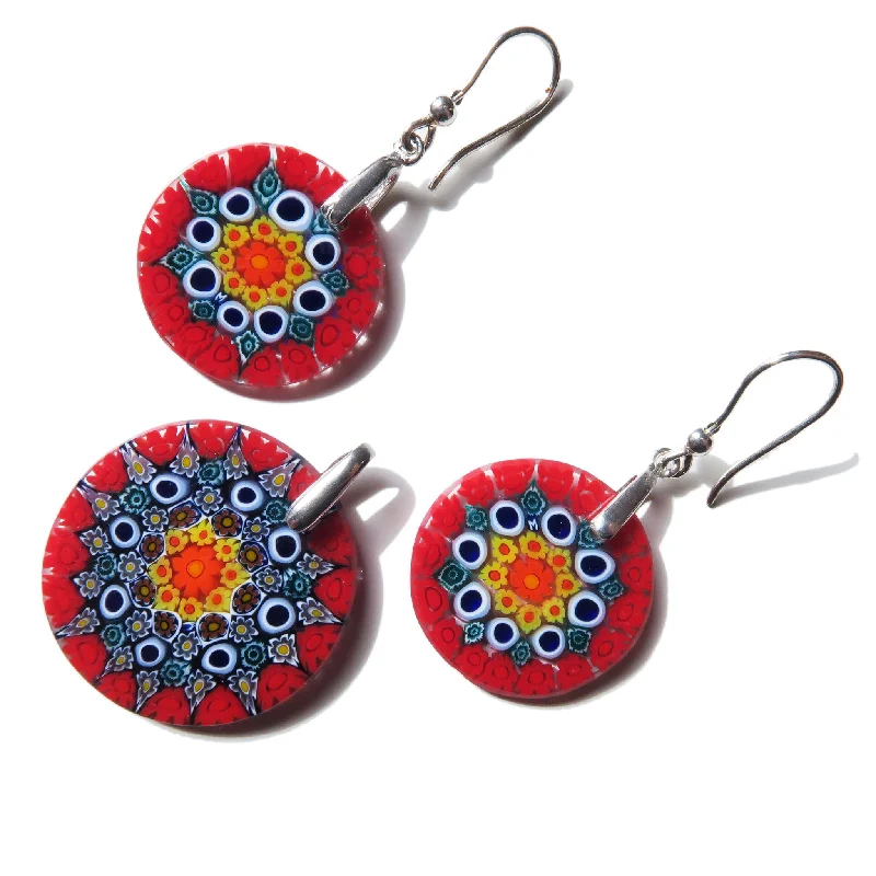 Murrine Murano Glass Round Pendant and earrings set Multicolor Red Millefiori 25