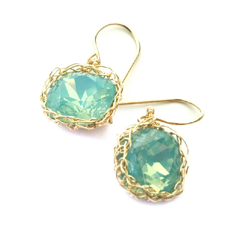 Ocean green Swarovski glass crystal earrings , mint dangle earrings in gold filled