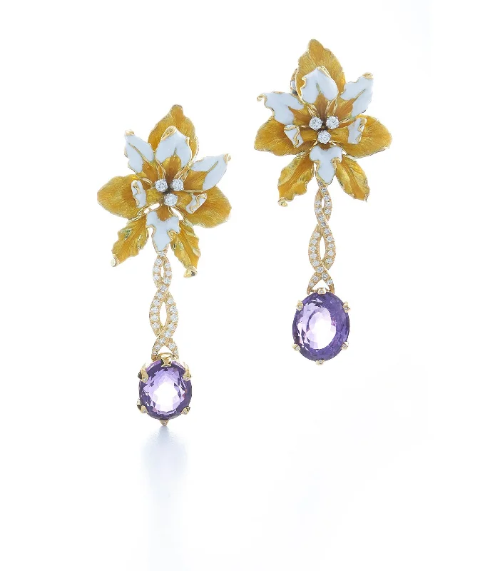 Orchid Earrings in Yellow Enamel & Amethyst