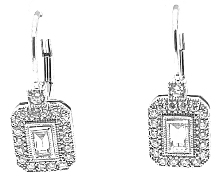 Platinum Rectangular Shaped Round and Baguette Diamond Earrings