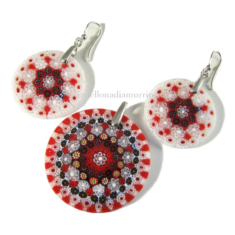 Red Murano glass Round Pendant and earrings set Millefiori 27