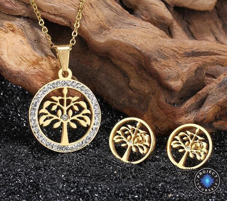 Stainless Steel Tree of Life Necklace and Earrings Set