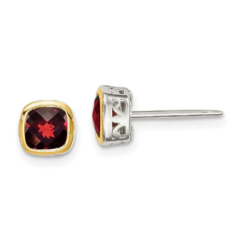 Sterling Silver w/ 14K Accent Garnet Square Stud Earrings