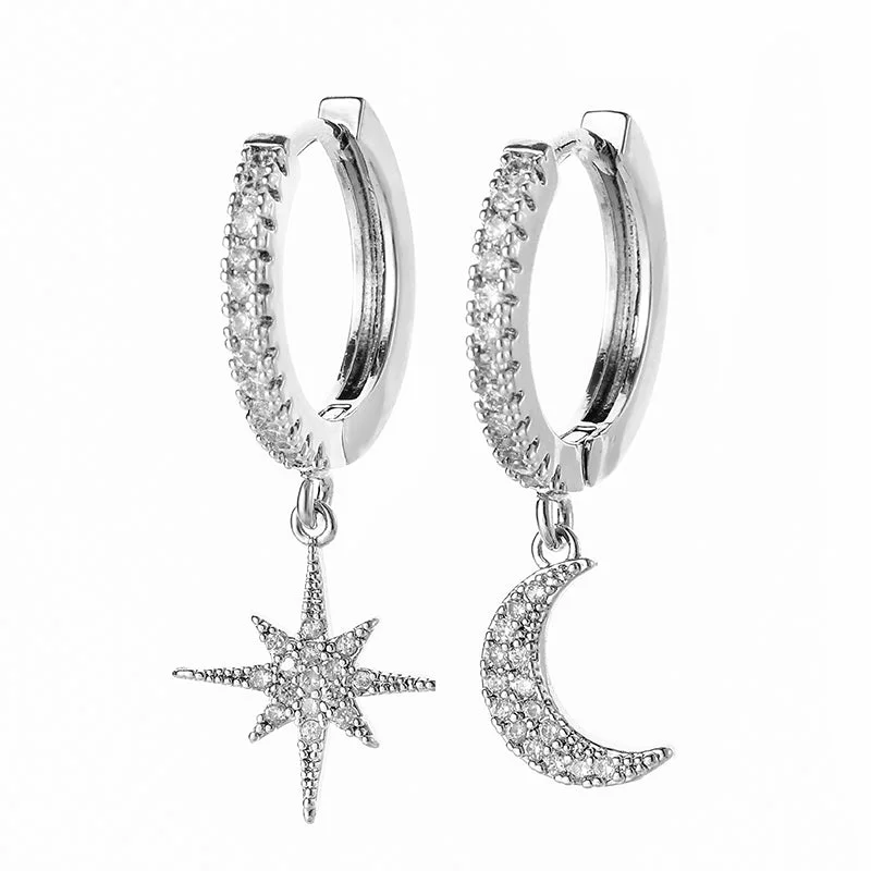 Trendy Cubic Zircon Silver Star Moon Earrings