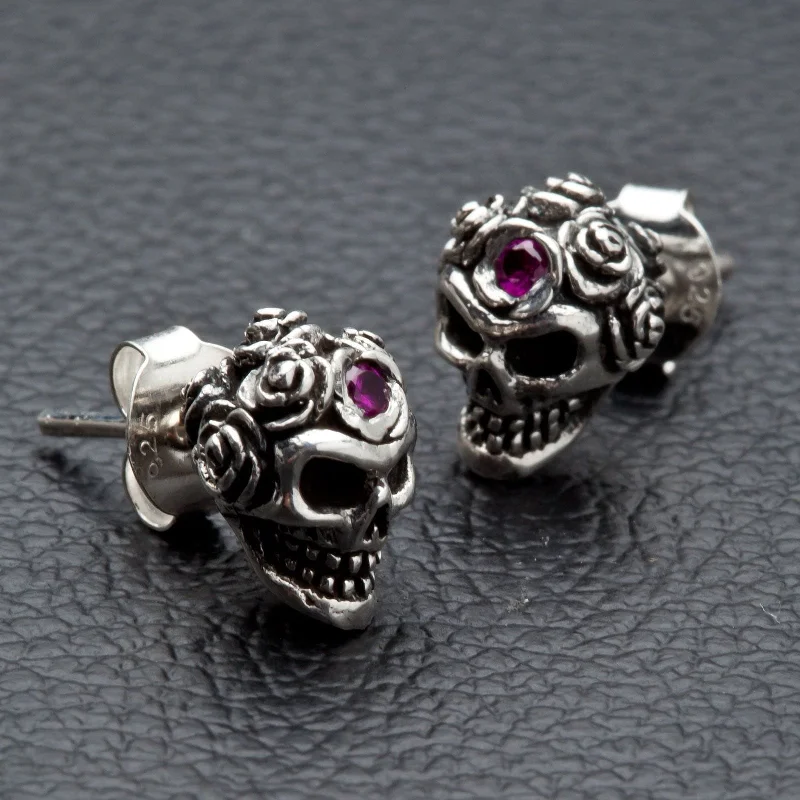 Tribal Rose Skull Sterling Silver Earrings