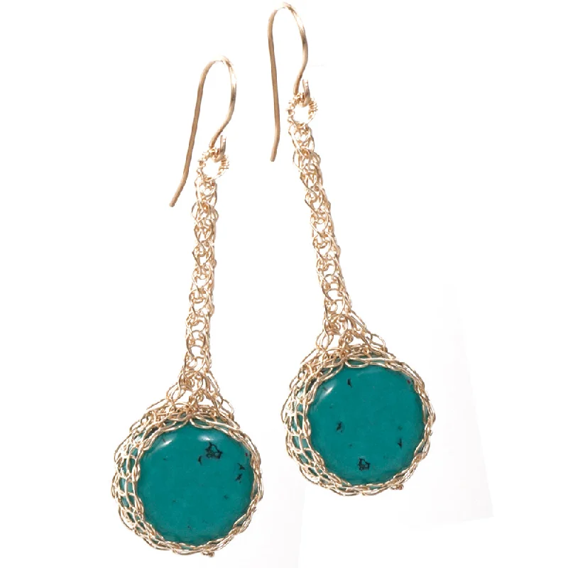 Turquoise Earrings, Turquoise Coins Nested in Crocheted Gold Wire