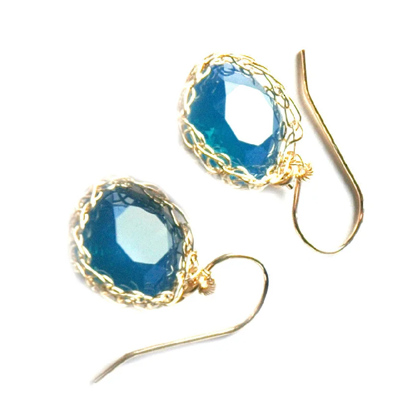 Turquoise Swarovski glass crystal earrings , wire crochet dangle earrings in gold filled