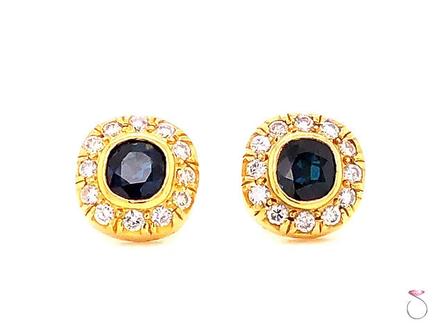 Vintage Blue Sapphire & Diamond Cushion Halo Stud Earrings