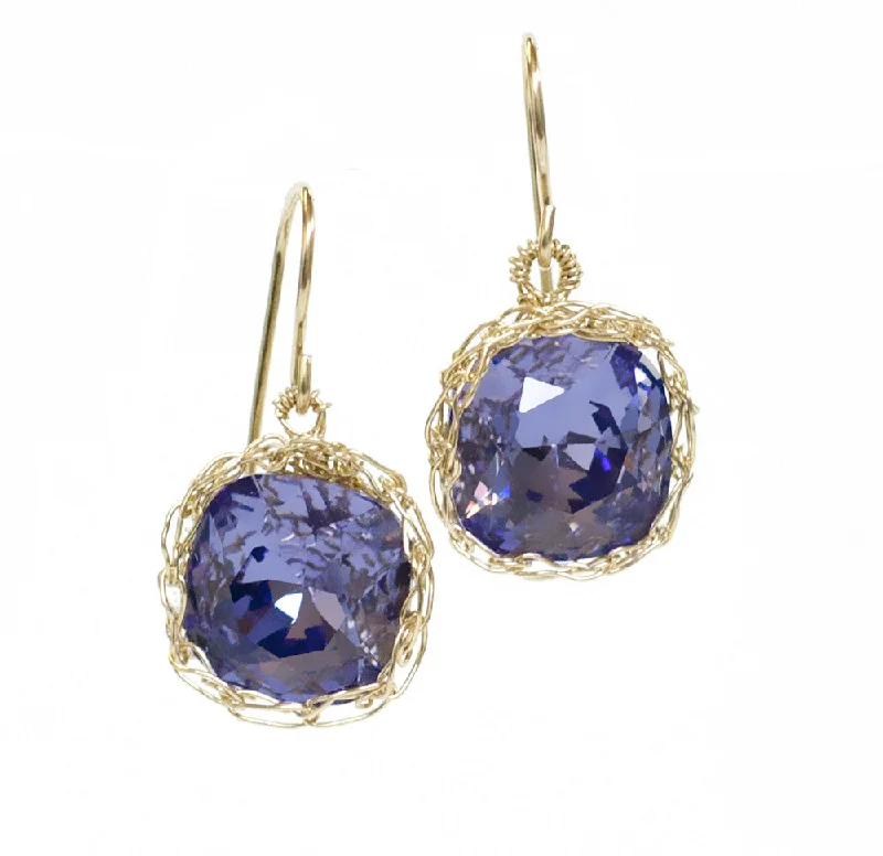 Violet Swarovski glass crystal earrings , purple dangle earrings in gold filled