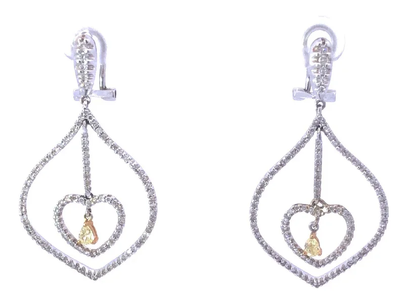 White and Fancy Yellow Dangly Diamond Heart Earrings in 18K White Gold