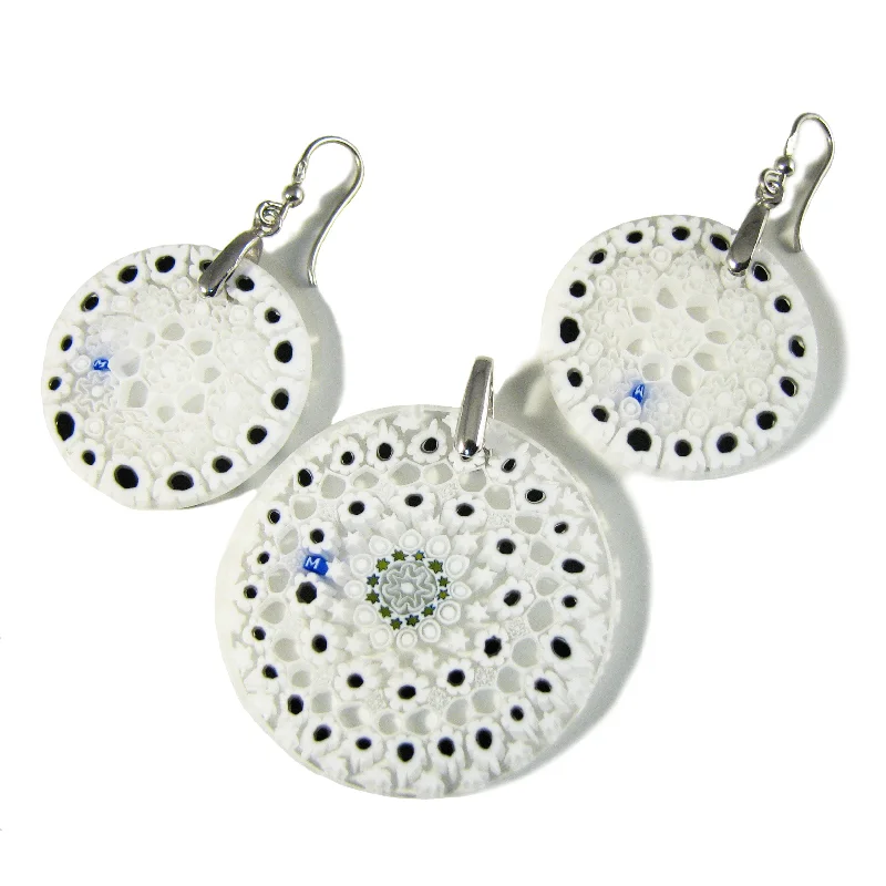 White Murano glass Round Pendant and earrings set Millefiori 27