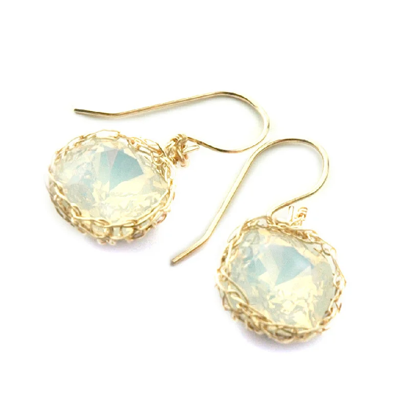 White opal Swarovski glass crystal earrings , wire crochet dangle earrings in gold filled